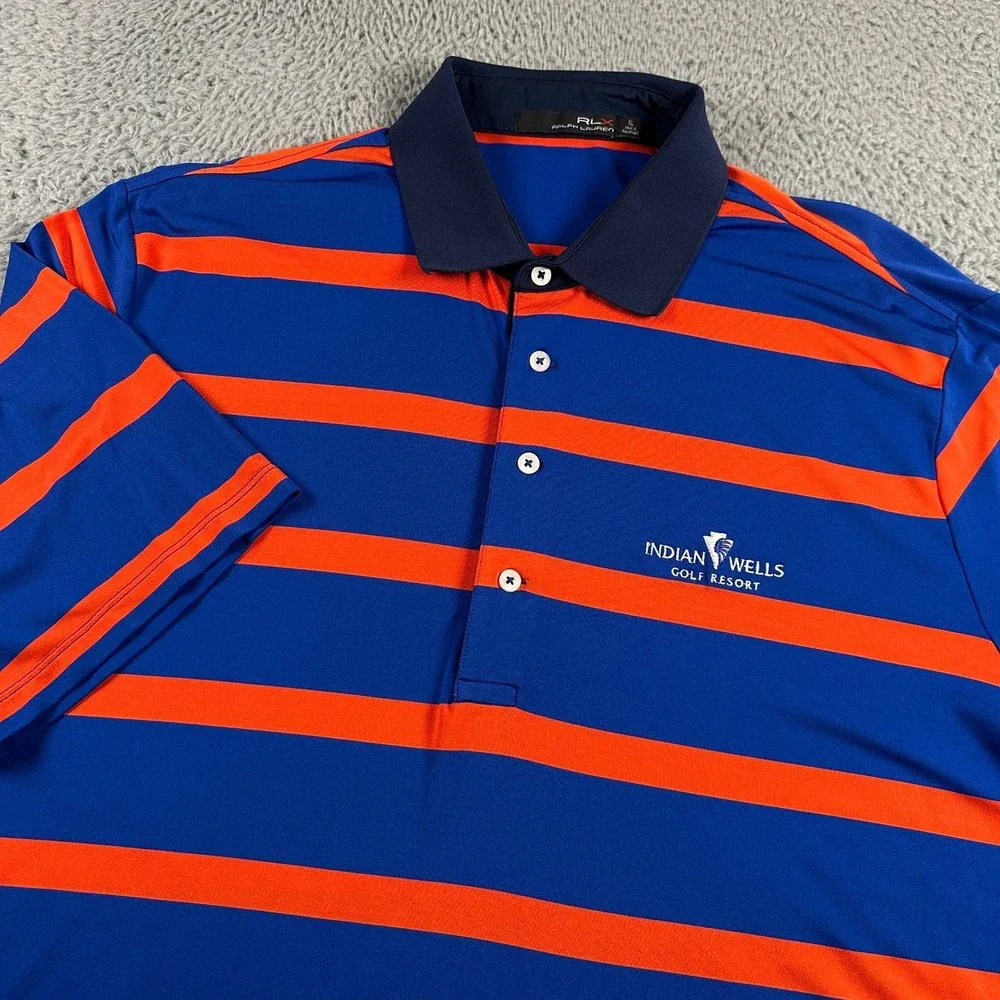 Ralph Lauren RLX Polo Mens XL‎ Blue Orange Striped Indian Wells Golf Shirt Tech